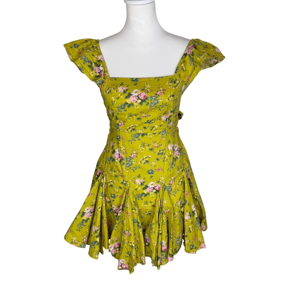 Mable Chartreuse Floral Mini Dress Open Back Tie Bow Flutter Sleeve Green Small